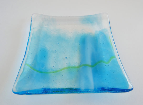 Turquoise and White Streaky Fused Glass Square Plate