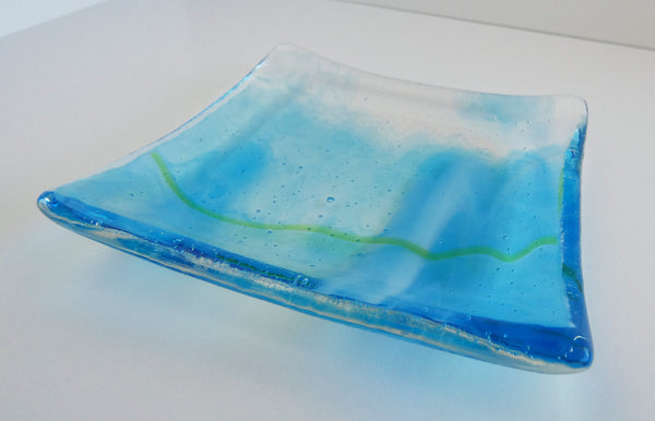 Turquoise and White Streaky Fused Glass Square Plate