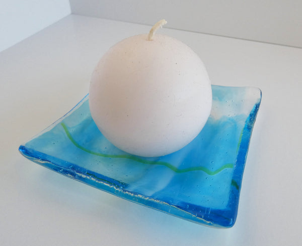 Turquoise and White Streaky Fused Glass Square Plate