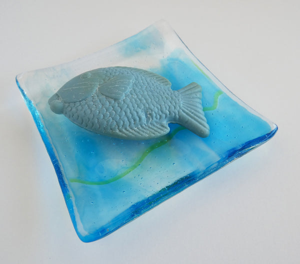 Turquoise and White Streaky Fused Glass Square Plate