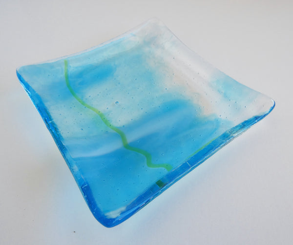 Turquoise and White Streaky Fused Glass Square Plate
