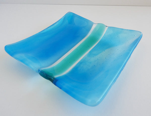 Turquoise and White Streaky Fused Glass Square Plate