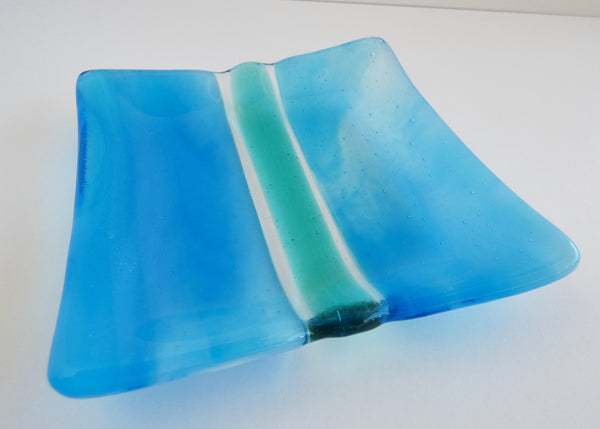 Turquoise and White Streaky Fused Glass Square Plate