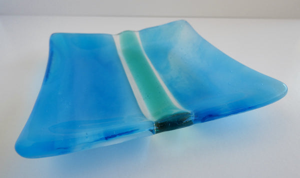 Turquoise and White Streaky Fused Glass Square Plate
