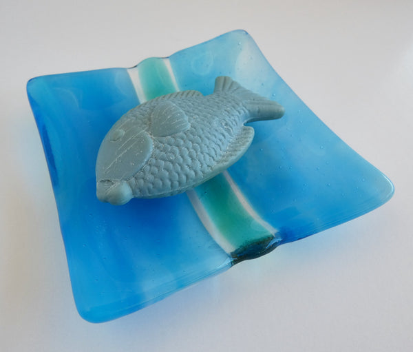 Turquoise and White Streaky Fused Glass Square Plate