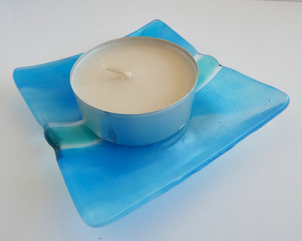 Turquoise and White Streaky Fused Glass Square Plate