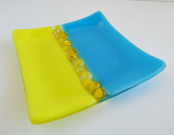 Fused Glass Murrini Plate in Yellow and Cyan Blue