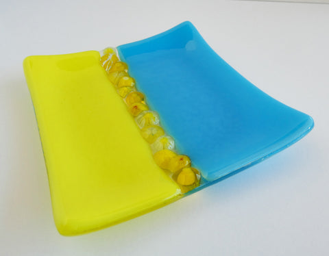 Fused Glass Murrini Plate in Yellow and Cyan Blue