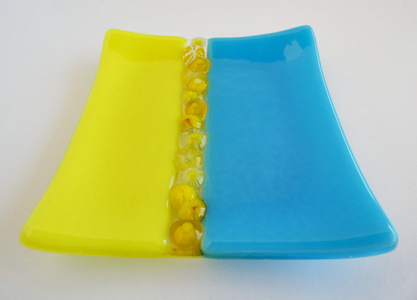 Fused Glass Murrini Plate in Yellow and Cyan Blue
