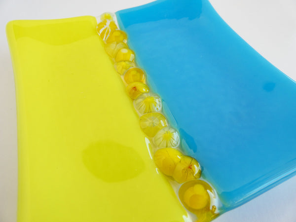 Fused Glass Murrini Plate in Yellow and Cyan Blue