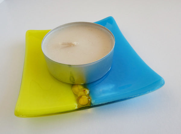 Fused Glass Murrini Plate in Yellow and Cyan Blue