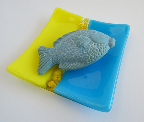 Fused Glass Murrini Plate in Yellow and Cyan Blue