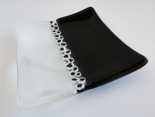 Fused Glass Murrini Plate in Black and Streaky White