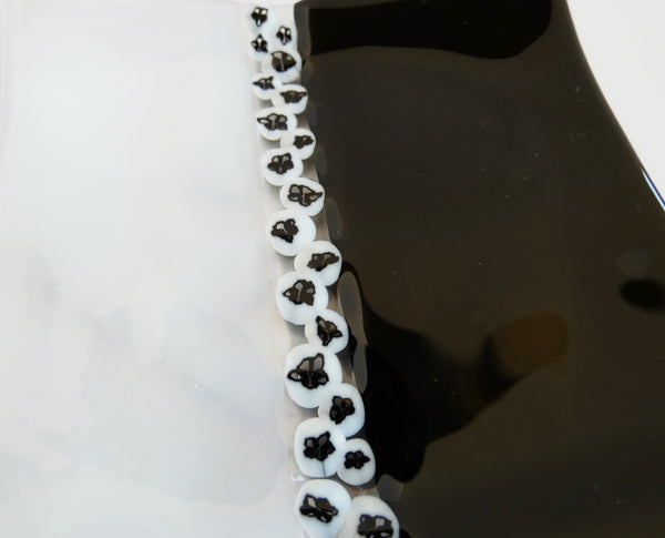 Fused Glass Murrini Plate in Black and Streaky White