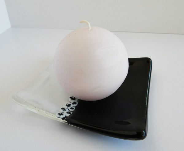 Fused Glass Murrini Plate in Black and Streaky White