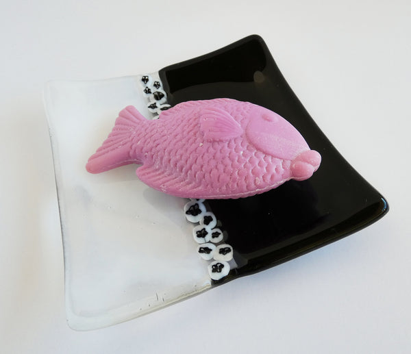 Fused Glass Murrini Plate in Black and Streaky White