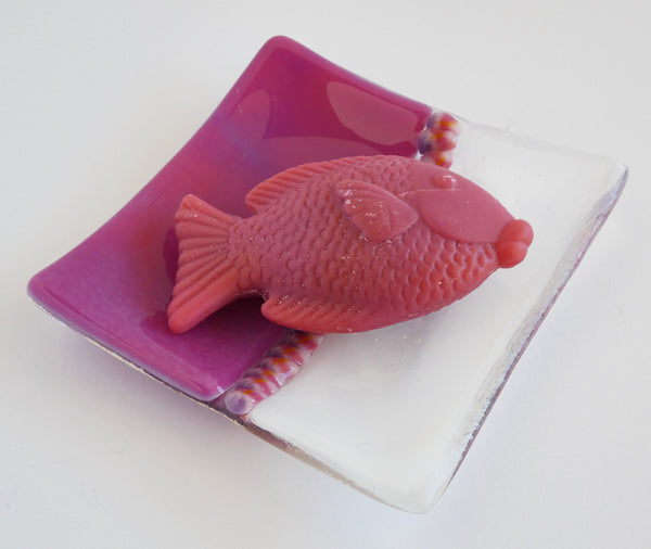 Fused Glass Murrini Plate in Pink and Streaky White