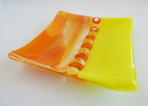 Fused Glass Murrini Plate in Streaky Orange and Canary Yellow
