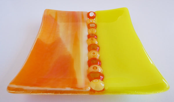 Fused Glass Murrini Plate in Streaky Orange and Canary Yellow