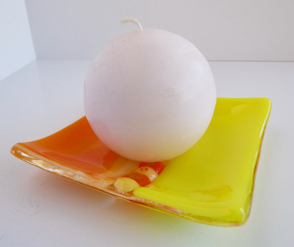 Fused Glass Murrini Plate in Streaky Orange and Canary Yellow