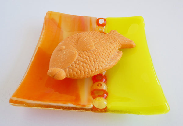 Fused Glass Murrini Plate in Streaky Orange and Canary Yellow