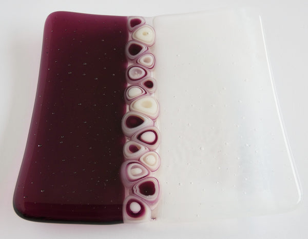 Fused Glass Murrini Plate in Streaky White and Fuchsia