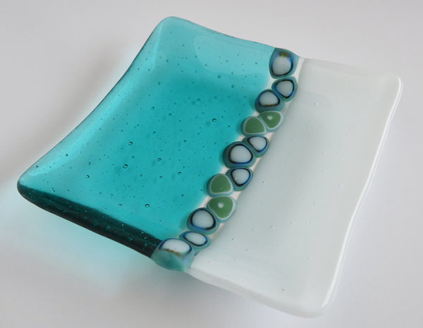 Fused Glass Murrini Plate in White and Light Aqua