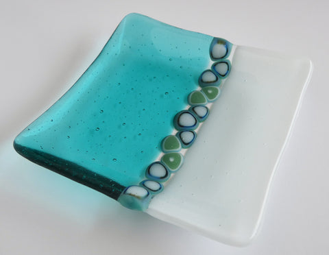 Fused Glass Murrini Plate in White and Light Aqua