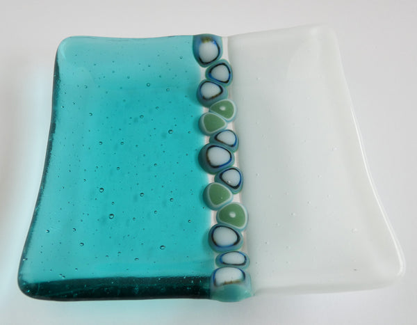 Fused Glass Murrini Plate in White and Light Aqua