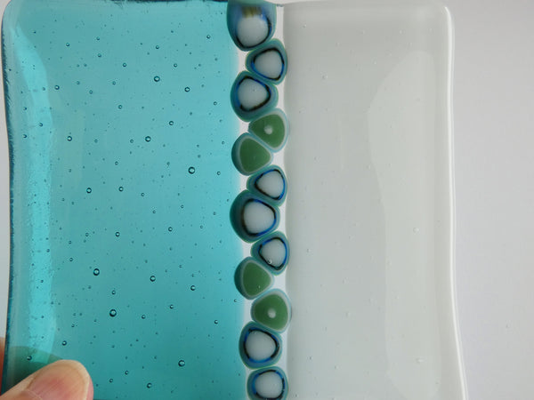 Fused Glass Murrini Plate in White and Light Aqua