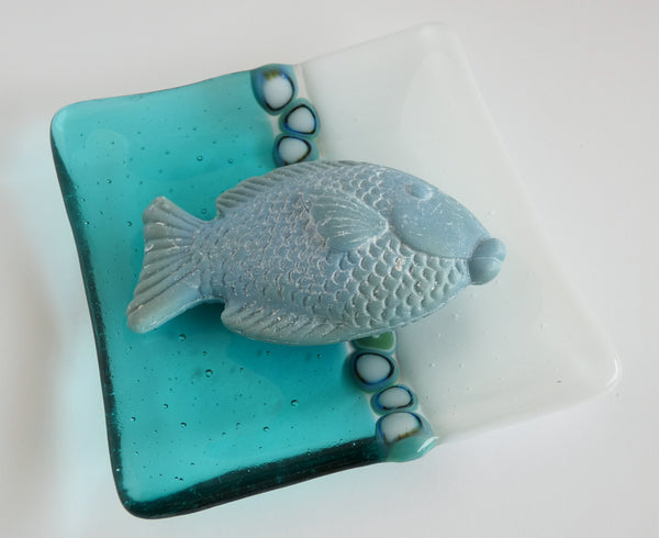 Fused Glass Murrini Plate in White and Light Aqua