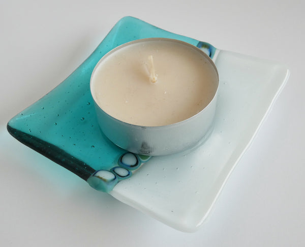 Fused Glass Murrini Plate in White and Light Aqua