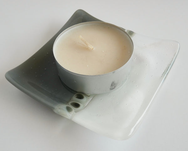 Fused Glass Murrini Plate in Streaky White and Gray