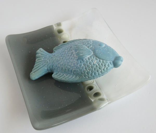 Fused Glass Murrini Plate in Streaky White and Gray