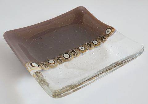 Fused Glass Murrini Plate in Mocha and Streaky White