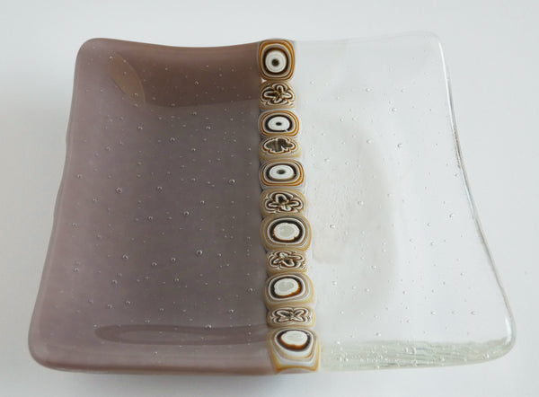 Fused Glass Murrini Plate in Mocha and Streaky White