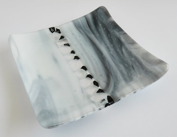Fused Glass Murrini Plate in Streaky Black and White