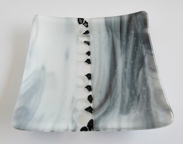 Fused Glass Murrini Plate in Streaky Black and White