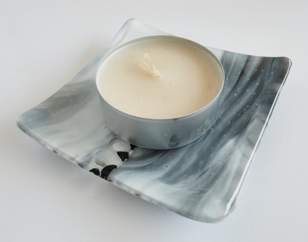 Fused Glass Murrini Plate in Streaky Black and White