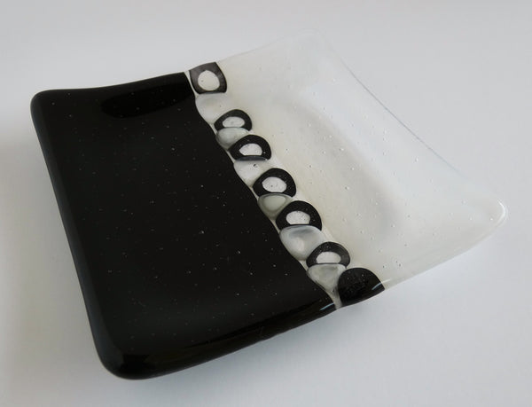 Fused Glass Murrini Plate in Black and Streaky White