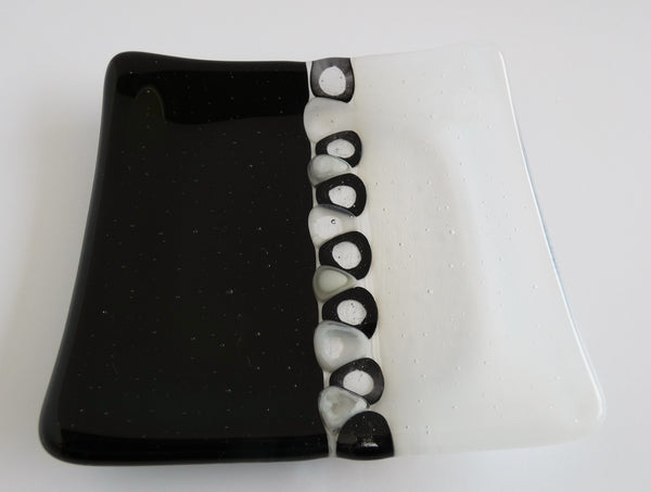 Fused Glass Murrini Plate in Black and Streaky White