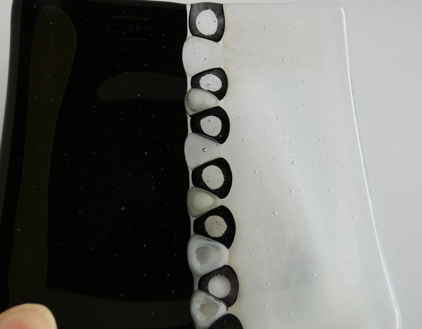 Fused Glass Murrini Plate in Black and Streaky White