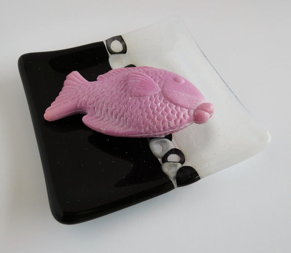 Fused Glass Murrini Plate in Black and Streaky White