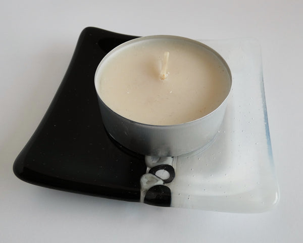 Fused Glass Murrini Plate in Black and Streaky White