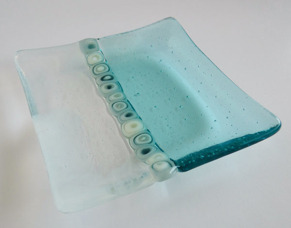 Fused Glass Murrini Plate in Pale Aqua and Streaky White