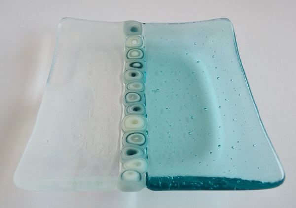 Fused Glass Murrini Plate in Pale Aqua and Streaky White