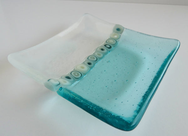 Fused Glass Murrini Plate in Pale Aqua and Streaky White