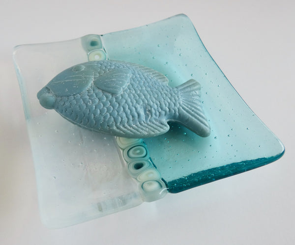 Fused Glass Murrini Plate in Pale Aqua and Streaky White