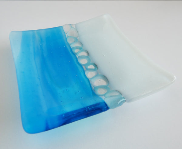 Fused Glass Murrini Plate in Streaky Turquoise and White