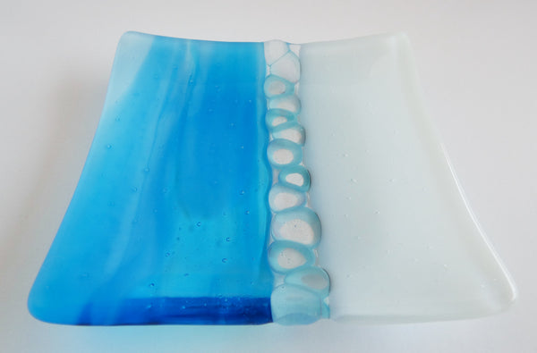 Fused Glass Murrini Plate in Streaky Turquoise and White